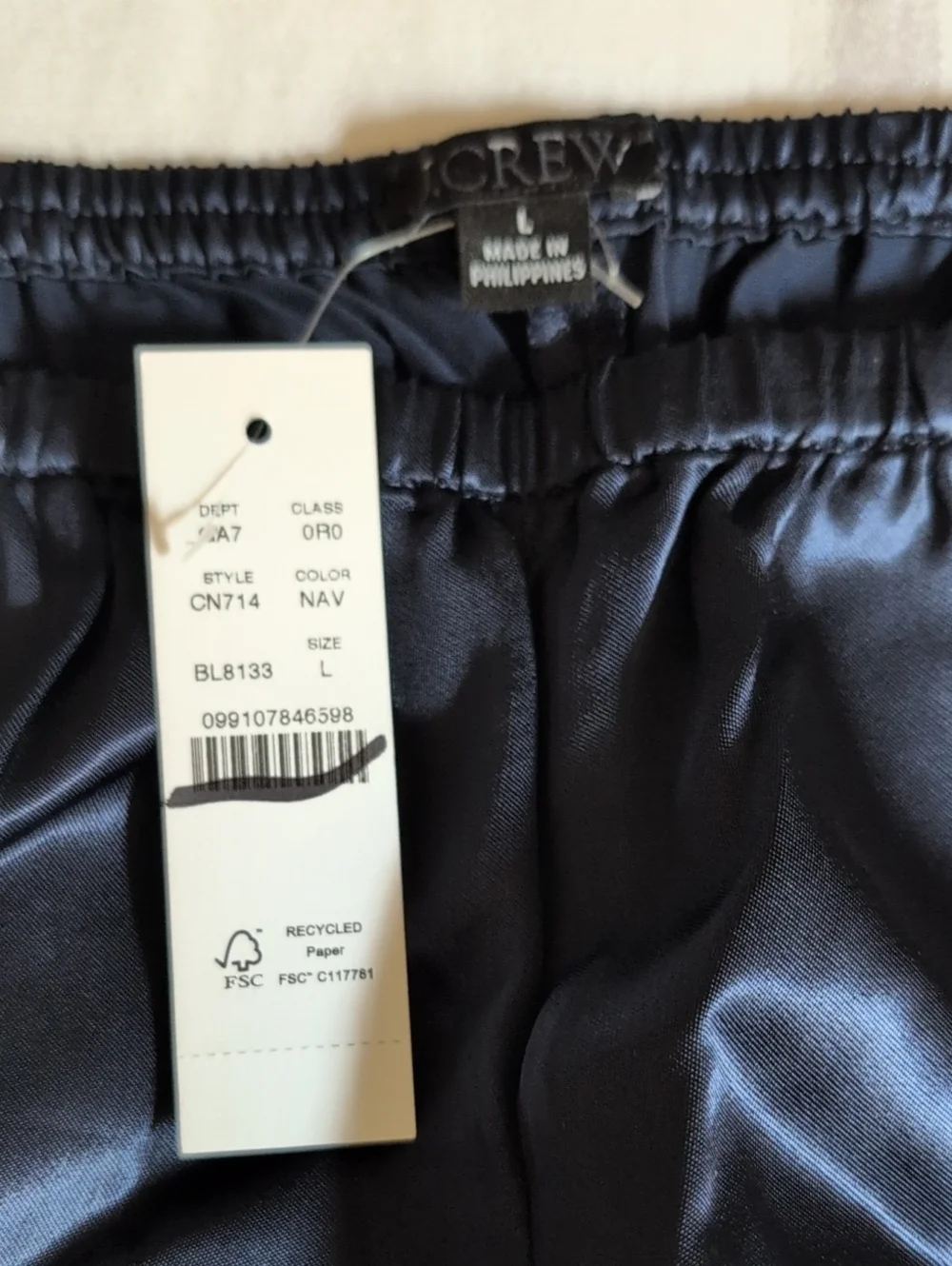 J Crew Cosmo pant in luster charmeuse CN714 Size L NWT Navy